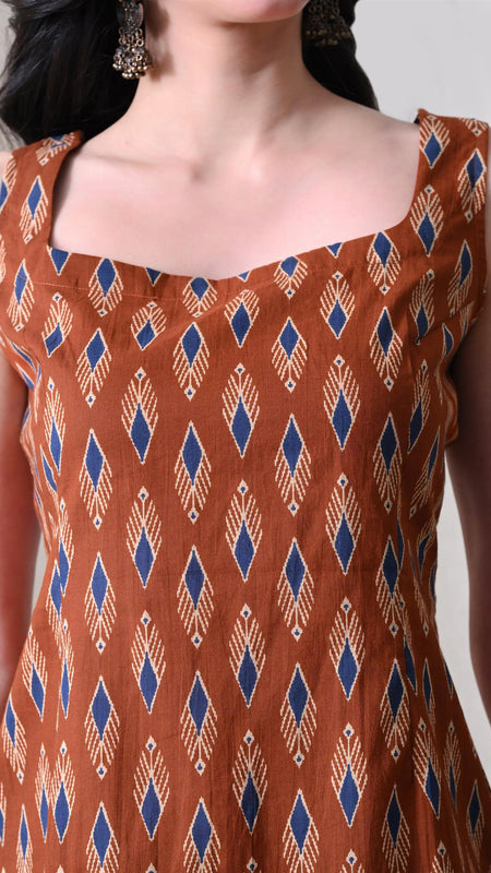 Rust Blue Ikat Casual A-Line sleeveless with square neck and tie-up back top for women