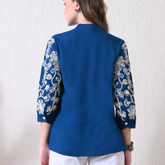 Blue Premium Rayon Casual A-Line Top With Embroidered 3/4th Sleeves