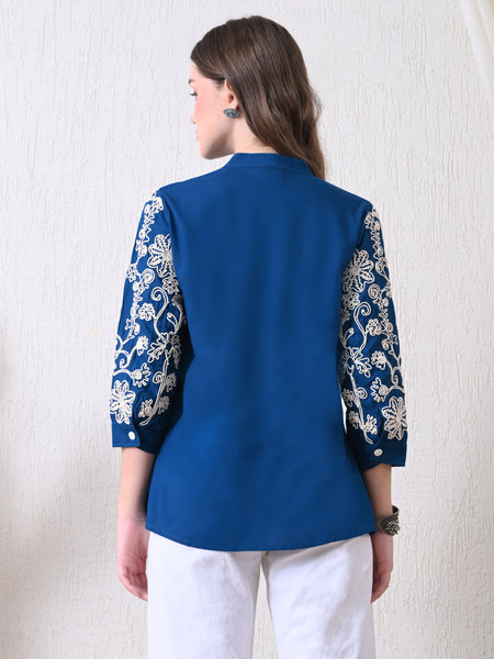 Blue Premium Rayon Casual A-Line Top With Embroidered 3/4th Sleeves