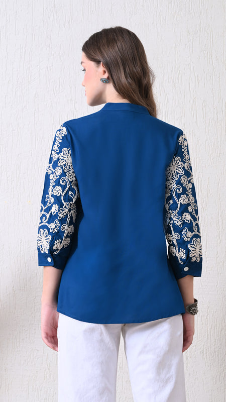 Blue Premium Rayon Casual A-Line Top With Embroidered 3/4th Sleeves