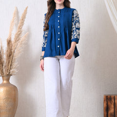 Blue Premium Rayon Casual A-Line Top With Embroidered 3/4th Sleeves