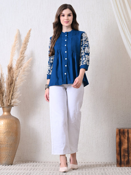 Blue Premium Rayon Casual A-Line Top With Embroidered 3/4th Sleeves