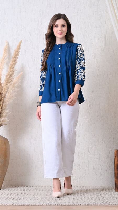 Blue Premium Rayon Casual A-Line Top With Embroidered 3/4th Sleeves