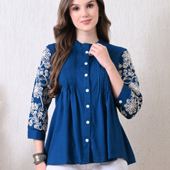 Blue Premium Rayon Casual A-Line Top With Embroidered 3/4th Sleeves
