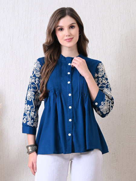 Blue Premium Rayon Casual A-Line Top With Embroidered 3/4th Sleeves