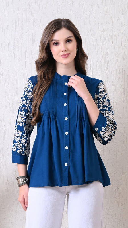 Blue Premium Rayon Casual A-Line Top With Embroidered 3/4th Sleeves