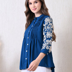 Blue Premium Rayon Casual A-Line Top With Embroidered 3/4th Sleeves