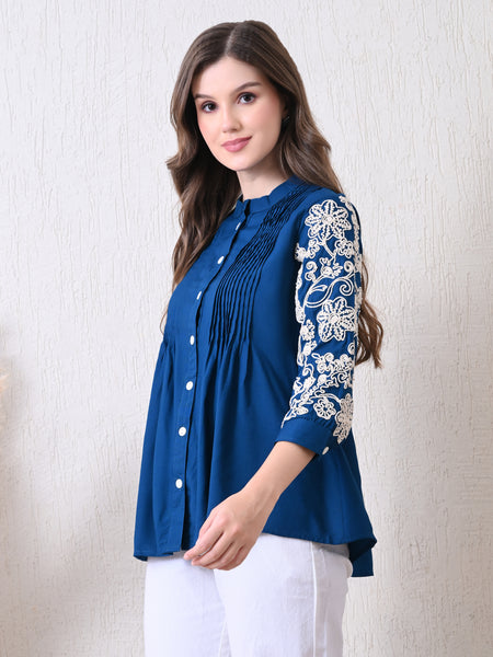Blue Premium Rayon Casual A-Line Top With Embroidered 3/4th Sleeves