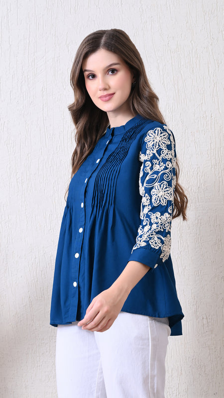 Blue Premium Rayon Casual A-Line Top With Embroidered 3/4th Sleeves