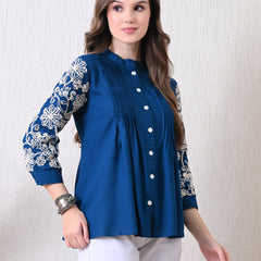 Blue Premium Rayon Casual A-Line Top With Embroidered 3/4th Sleeves