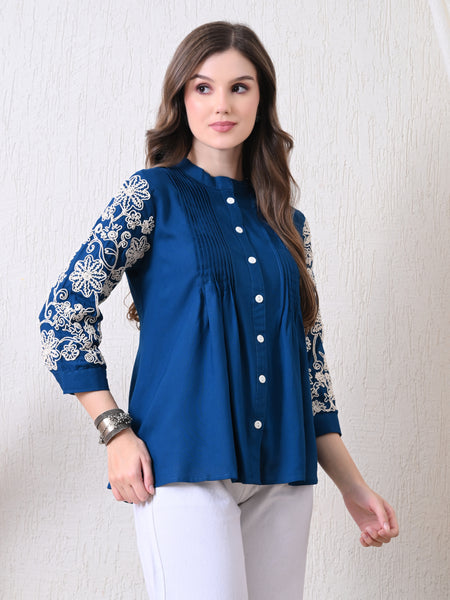 Blue Premium Rayon Casual A-Line Top With Embroidered 3/4th Sleeves