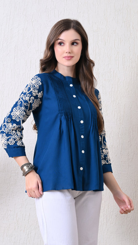Blue Premium Rayon Casual A-Line Top With Embroidered 3/4th Sleeves