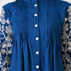 Blue Premium Rayon Casual A-Line Top With Embroidered 3/4th Sleeves