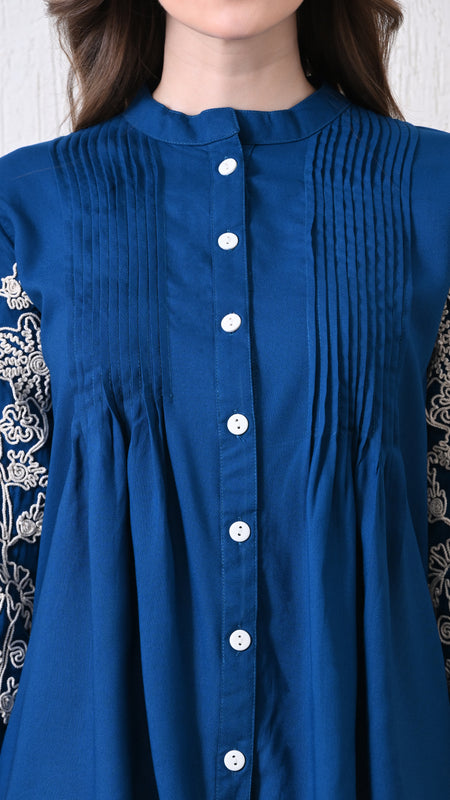 Blue Premium Rayon Casual A-Line Top With Embroidered 3/4th Sleeves