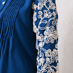 Blue Premium Rayon Casual A-Line Top With Embroidered 3/4th Sleeves