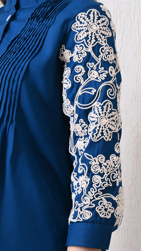 Blue Premium Rayon Casual A-Line Top With Embroidered 3/4th Sleeves