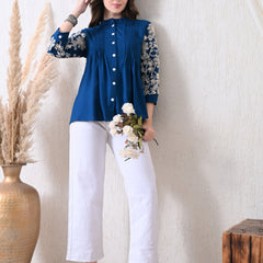 Blue Premium Rayon Casual A-Line Top With Embroidered 3/4th Sleeves