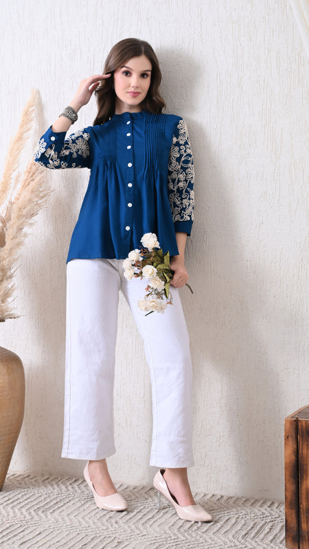 Blue Premium Rayon Casual A-Line Top With Embroidered 3/4th Sleeves