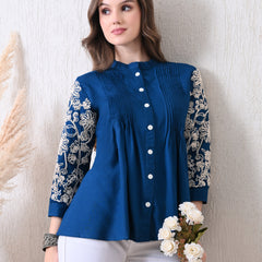 Blue Premium Rayon Casual A-Line Top With Embroidered 3/4th Sleeves