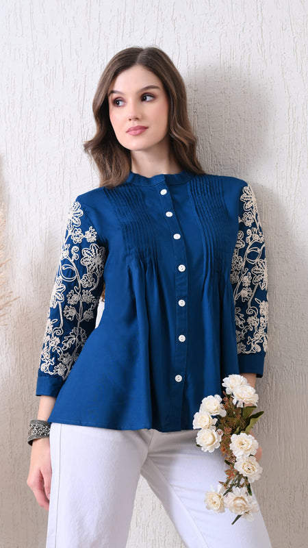 Blue Premium Rayon Casual A-Line Top With Embroidered 3/4th Sleeves