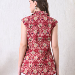 Maroon Pure Cotton Casual A-Line Sleeveless Top With Pair of Half Sleeves Attached