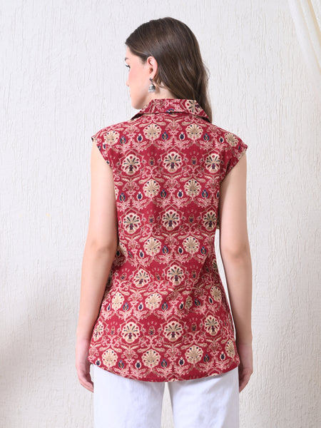 Maroon Pure Cotton Casual A-Line Sleeveless Top With Pair of Half Sleeves Attached