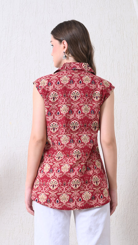 Maroon Pure Cotton Casual A-Line Sleeveless Top With Pair of Half Sleeves Attached