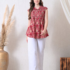 Maroon Pure Cotton Casual A-Line Sleeveless Top With Pair of Half Sleeves Attached