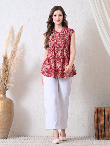 Maroon Pure Cotton Casual A-Line Sleeveless Top With Pair of Half Sleeves Attached