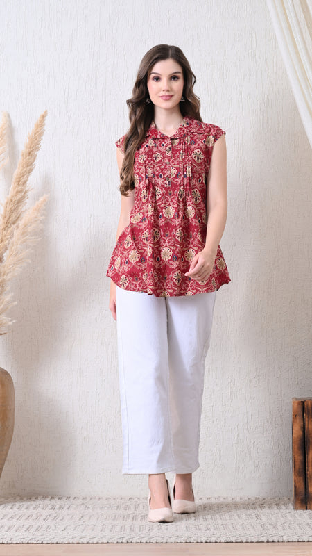 Maroon Pure Cotton Casual A-Line Sleeveless Top With Pair of Half Sleeves Attached