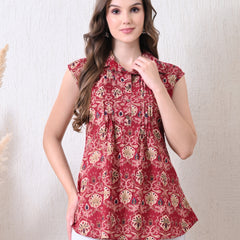 Maroon Pure Cotton Casual A-Line Sleeveless Top With Pair of Half Sleeves Attached