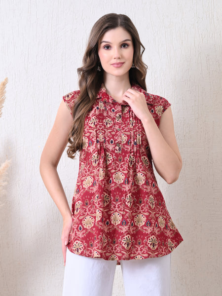 Maroon Pure Cotton Casual A-Line Sleeveless Top With Pair of Half Sleeves Attached