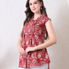 Maroon Pure Cotton Casual A-Line Sleeveless Top With Pair of Half Sleeves Attached