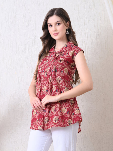 Maroon Pure Cotton Casual A-Line Sleeveless Top With Pair of Half Sleeves Attached