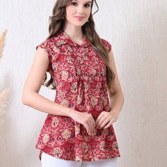 Maroon Pure Cotton Casual A-Line Sleeveless Top With Pair of Half Sleeves Attached