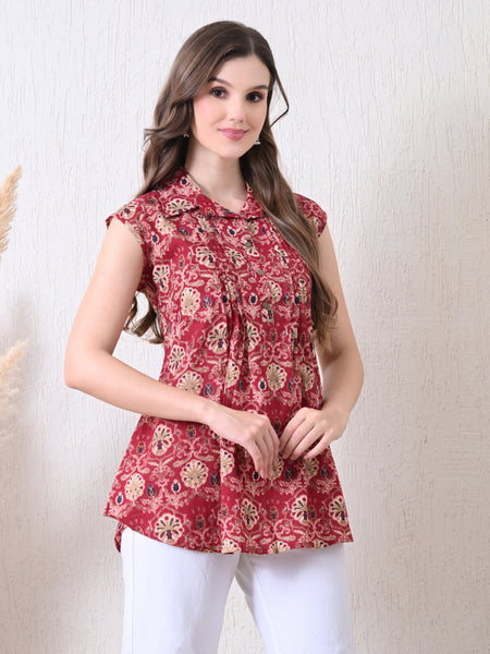 Maroon Pure Cotton Casual A-Line Sleeveless Top With Pair of Half Sleeves Attached