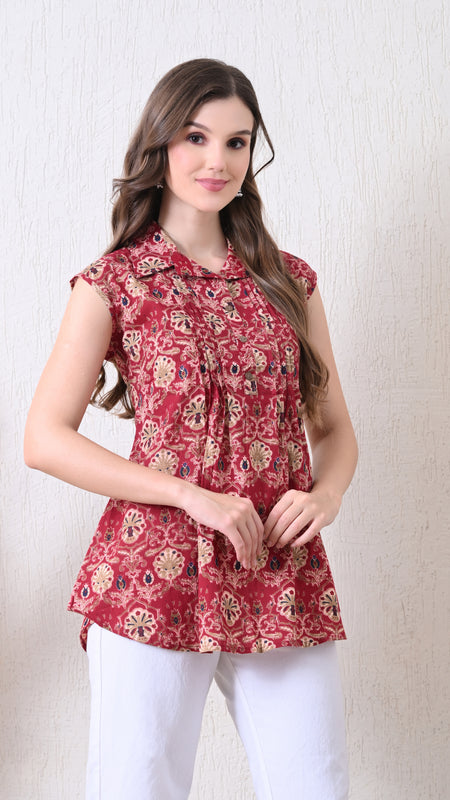 Maroon Pure Cotton Casual A-Line Sleeveless Top With Pair of Half Sleeves Attached