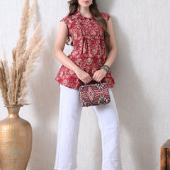 Maroon Pure Cotton Casual A-Line Sleeveless Top With Pair of Half Sleeves Attached