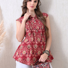 Maroon Pure Cotton Casual A-Line Sleeveless Top With Pair of Half Sleeves Attached