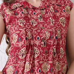 Maroon Pure Cotton Casual A-Line Sleeveless Top With Pair of Half Sleeves Attached