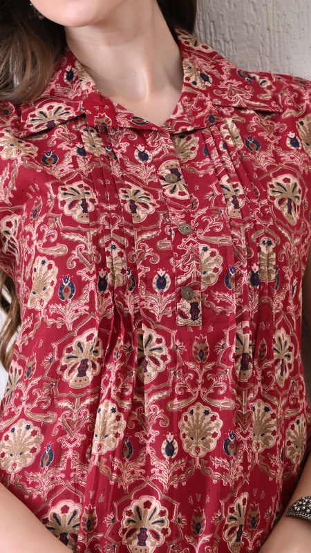 Maroon Pure Cotton Casual A-Line Sleeveless Top With Pair of Half Sleeves Attached