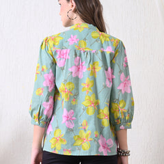 Sage Green Pure Cotton Casual Relaxed Fit 3/4Th Sleeves Top For Women