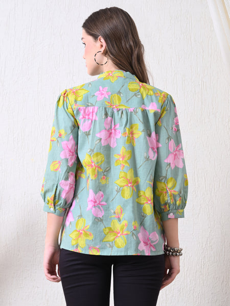 Sage Green Pure Cotton Casual Relaxed Fit 3/4Th Sleeves Top For Women