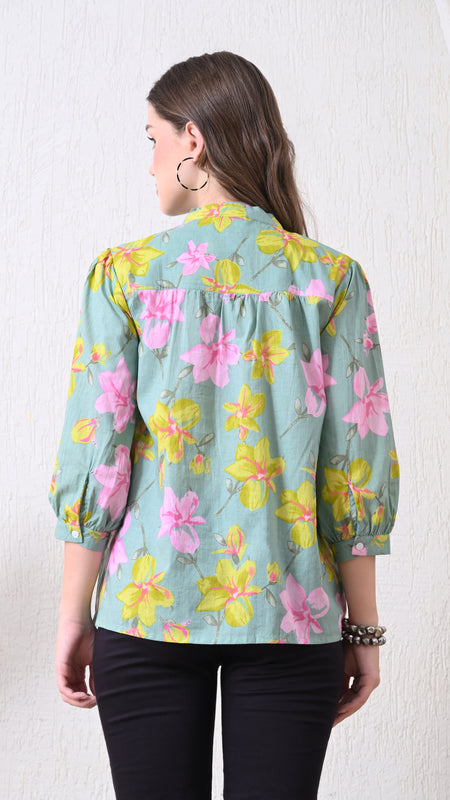 Sage Green Pure Cotton Casual Relaxed Fit 3/4Th Sleeves Top For Women