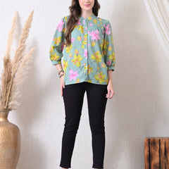 Sage Green Pure Cotton Casual Relaxed Fit 3/4Th Sleeves Top For Women