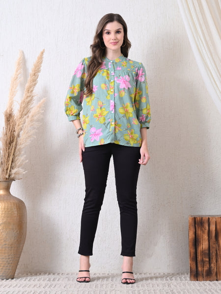 Sage Green Pure Cotton Casual Relaxed Fit 3/4Th Sleeves Top For Women