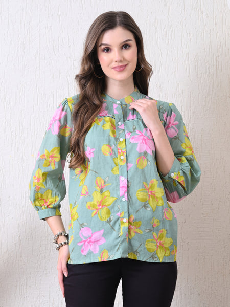 Sage Green Pure Cotton Casual Relaxed Fit 3/4Th Sleeves Top For Women