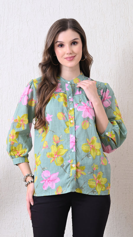 Sage Green Pure Cotton Casual Relaxed Fit 3/4Th Sleeves Top For Women