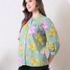 Sage Green Pure Cotton Casual Relaxed Fit 3/4Th Sleeves Top For Women