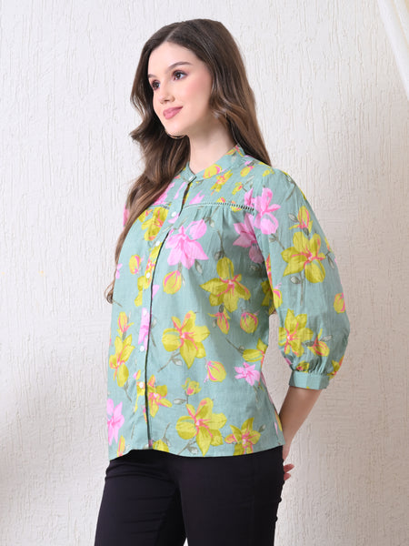 Sage Green Pure Cotton Casual Relaxed Fit 3/4Th Sleeves Top For Women